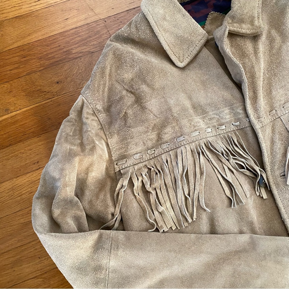 Real Leather Suede Southwestern Western Tassel FringeJacket: Natural Tan - Large - Picture 4 of 8